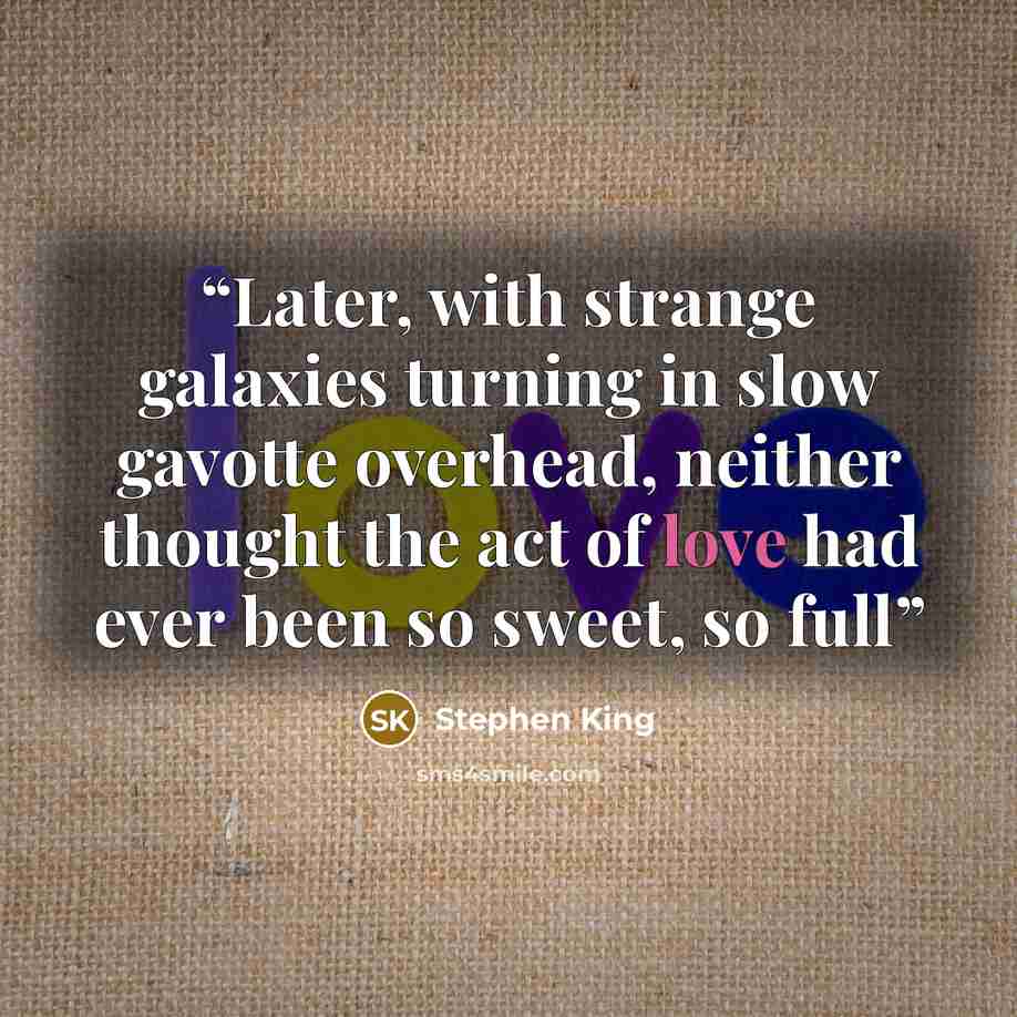 “Later, with strange galaxies turning in slow gavotte overhead, neither thought the act of love had ever been so sweet, so full” quote by Stephen King