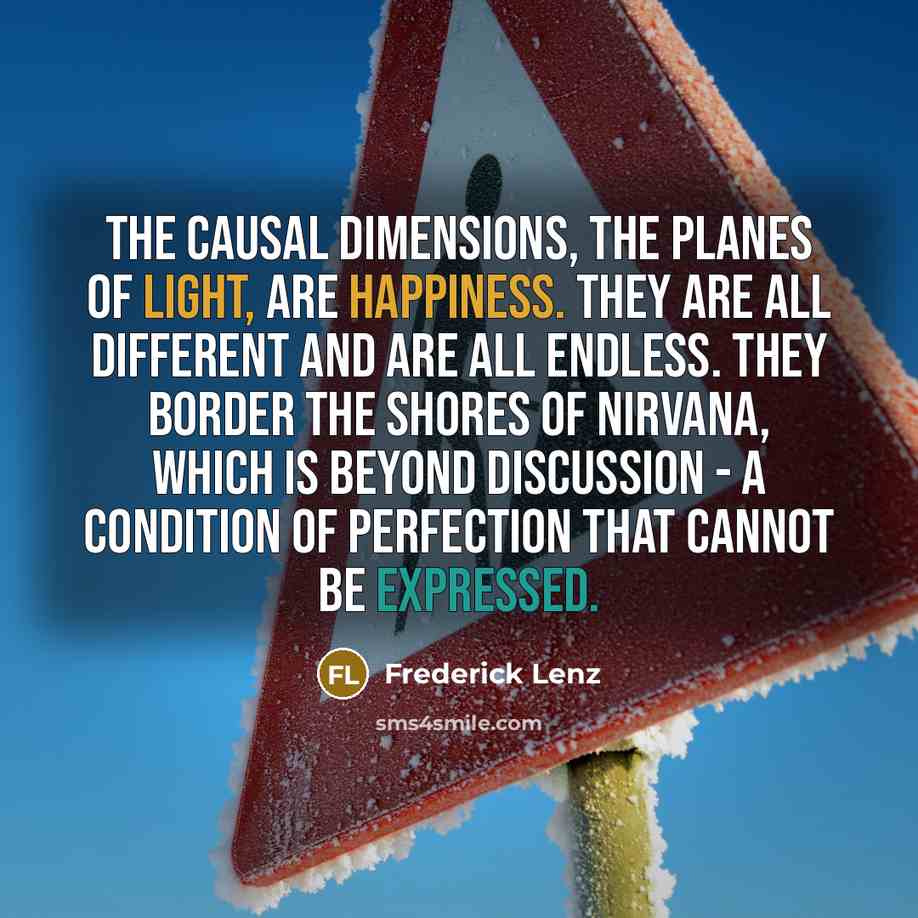 “The causal dimensions, the planes of light, are happiness. They are all different and are all endless. They border the shores of nirvana, which is beyond discussion - a condition of perfection that cannot be expressed.” quote by Frederick Lenz