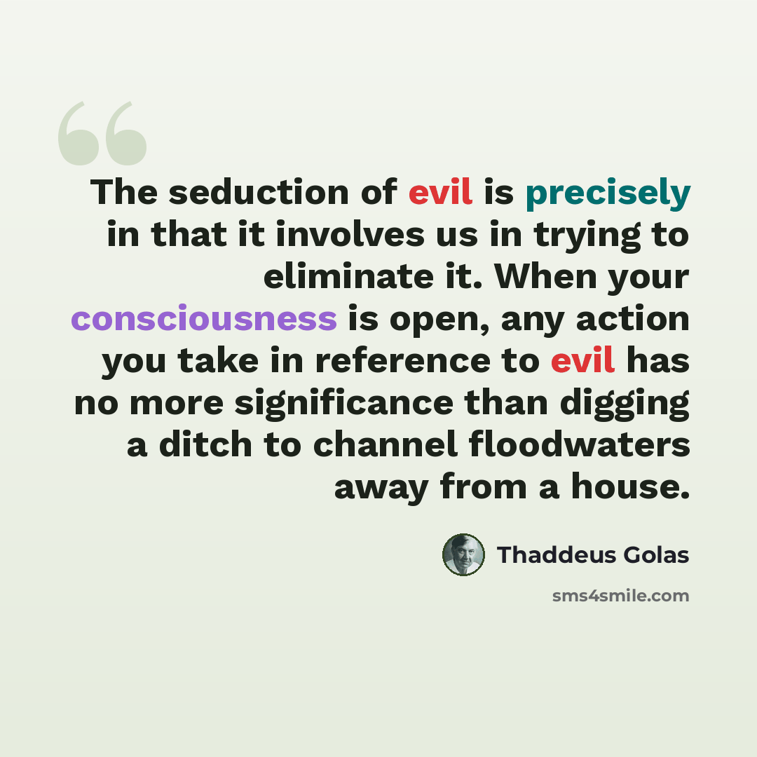 “The seduction of evil is precisely in that it involves us in trying to eliminate it. When your consciousness is open, any action you take in reference to evil has no more significance than digging a ditch to channel floodwaters away from a house.” quote by Thaddeus Golas