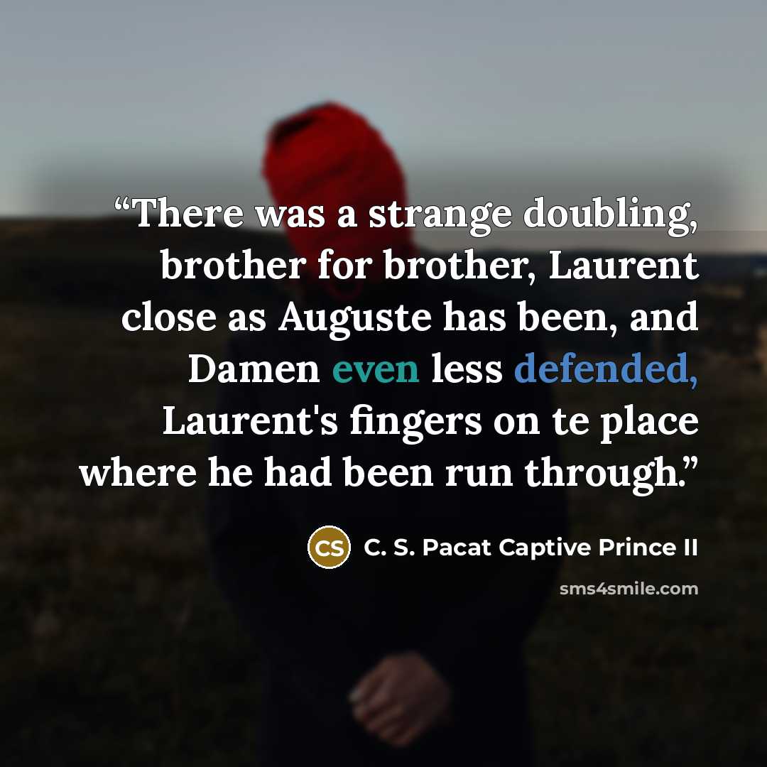 “There was a strange doubling, brother for brother, Laurent close as Auguste has been, and Damen even less defended, Laurent's fingers on te place where he had been run through.” quote by C. S. Pacat Captive Prince II