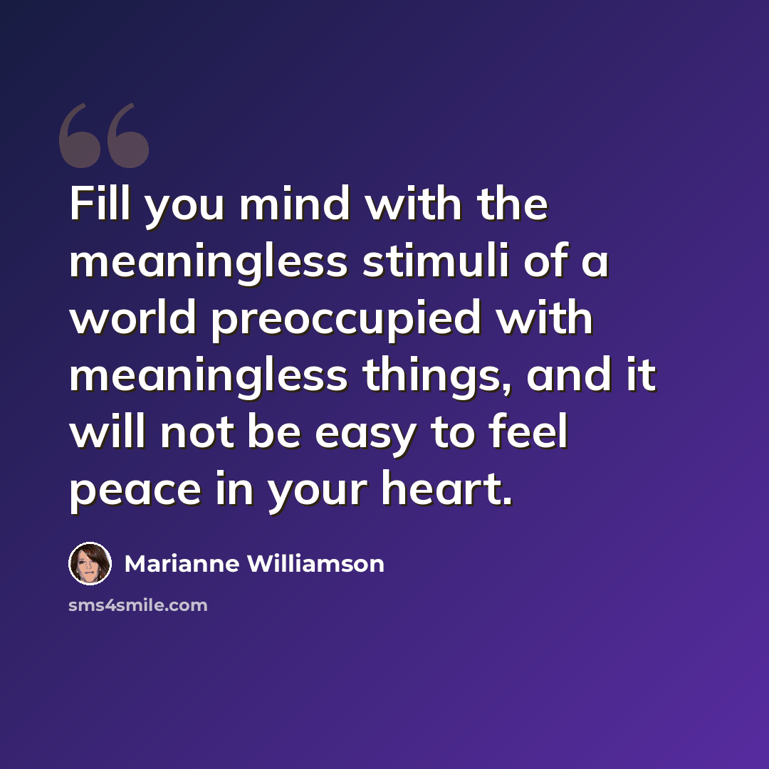 “Fill you mind with the meaningless stimuli of a world preoccupied with meaningless things, and it will not be easy to feel peace in your heart.” quote by Marianne Williamson