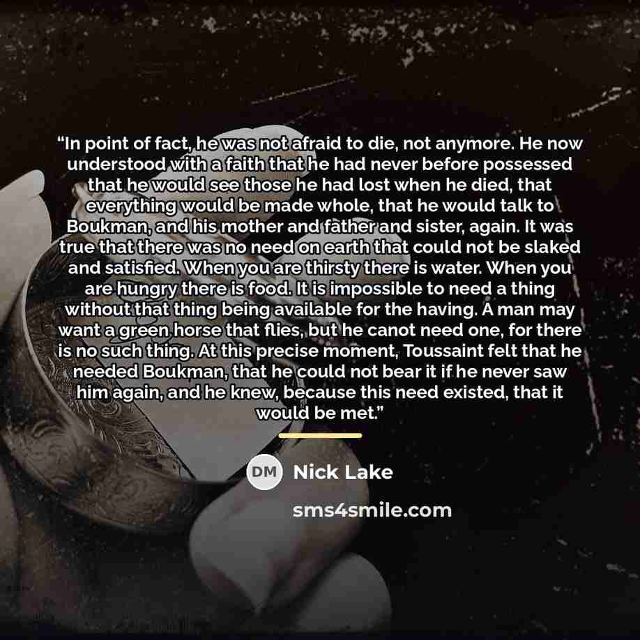 “In point of fact, he was not afraid to die, not anymore. He now understood with a faith that he had never before possessed that he would see those he had lost when he died, that everything would be made whole, that he would talk to Boukman, and his mother and father and sister, again. It was true…” quote by Nick Lake