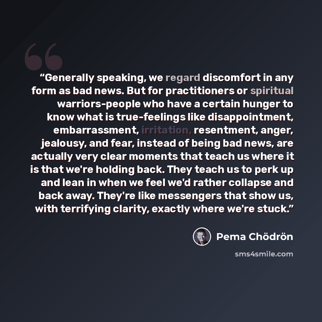 “Generally speaking, we regard discomfort in any form as bad news. But for practitioners or spiritual warriors-people who have a certain hunger to know what is true-feelings like disappointment, embarrassment, irritation, resentment, anger, jealousy, and fear, instead of being bad news, are…” quote by Pema Chödrön