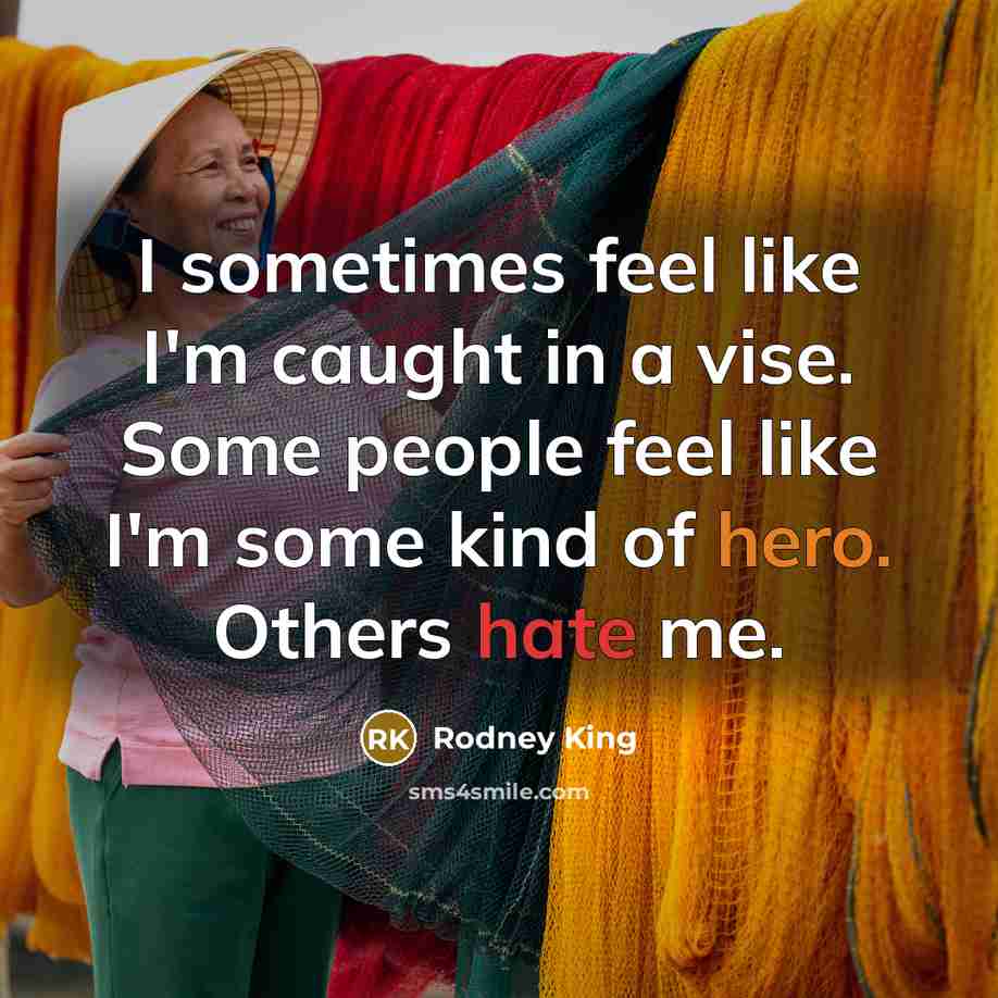 “I sometimes feel like I'm caught in a vise. Some people feel like I'm some kind of hero. Others hate me.” quote by Rodney King