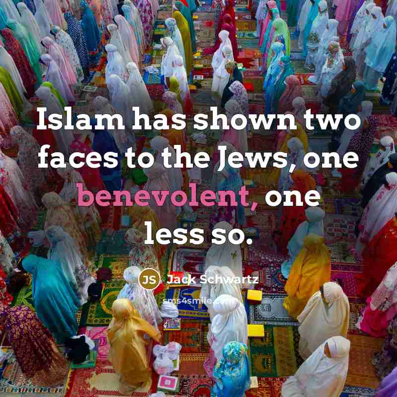 “Islam has shown two faces to the Jews, one benevolent, one less so.” quote by Jack Schwartz