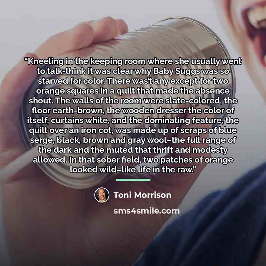 “Kneeling in the keeping room where she usually went to talk-think it was clear why Baby Suggs was so starved for color. There was’t any except for two orange squares in a quilt that made the absence shout. The walls of the room were slate-colored, the floor earth-brown, the wooden dresser the…” quote by Toni Morrison