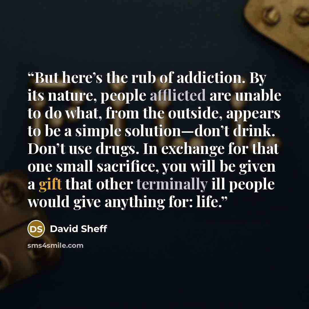 “But here’s the rub of addiction. By its nature, people afflicted are unable to do what, from the outside, appears to be a simple solution—don’t drink. Don’t use drugs. In exchange for that one small sacrifice, you will be given a gift that other terminally ill people would give anything for: life.” quote by David Sheff