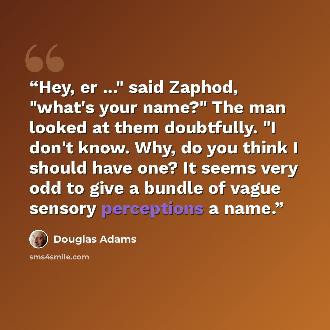 “Hey, er ..." said Zaphod, "what's your name?" The man looked at them doubtfully. "I don't know. Why, do you think I should have one? It seems very odd to give a bundle of vague sensory perceptions a name.” quote by Douglas Adams