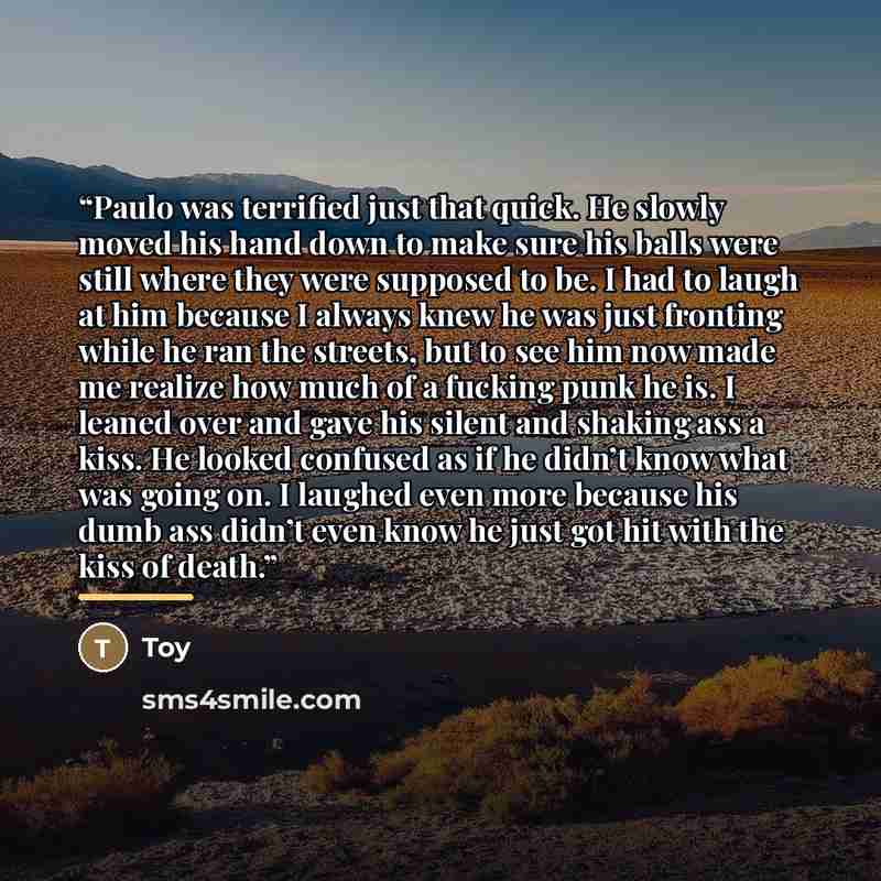 “Paulo was terrified just that quick. He slowly moved his hand down to make sure his balls were still where they were supposed to be. I had to laugh at him because I always knew he was just fronting while he ran the streets, but to see him now made me realize how much of a fucking punk he is. I…” quote by Toy