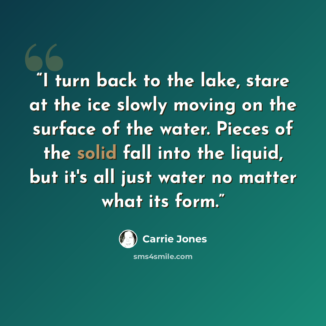 “I turn back to the lake, stare at the ice slowly moving on the surface of the water. Pieces of the solid fall into the liquid, but it's all just water no matter what its form.” quote by Carrie Jones