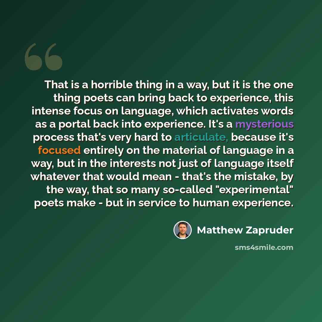 “That is a horrible thing in a way, but it is the one thing poets can bring back to experience, this intense focus on language, which activates words as a portal back into experience. It's a mysterious process that's very hard to articulate, because it's focused entirely on the material of language…” quote by Matthew Zapruder