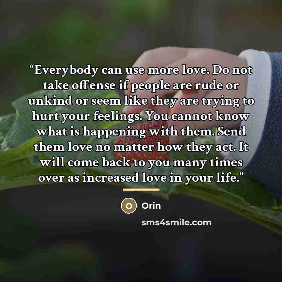 “Everybody can use more love. Do not take offense if people are rude or unkind or seem like they are trying to hurt your feelings. You cannot know what is happening with them. Send them love no matter how they act. It will come back to you many times over as increased love in your life.” quote by Orin