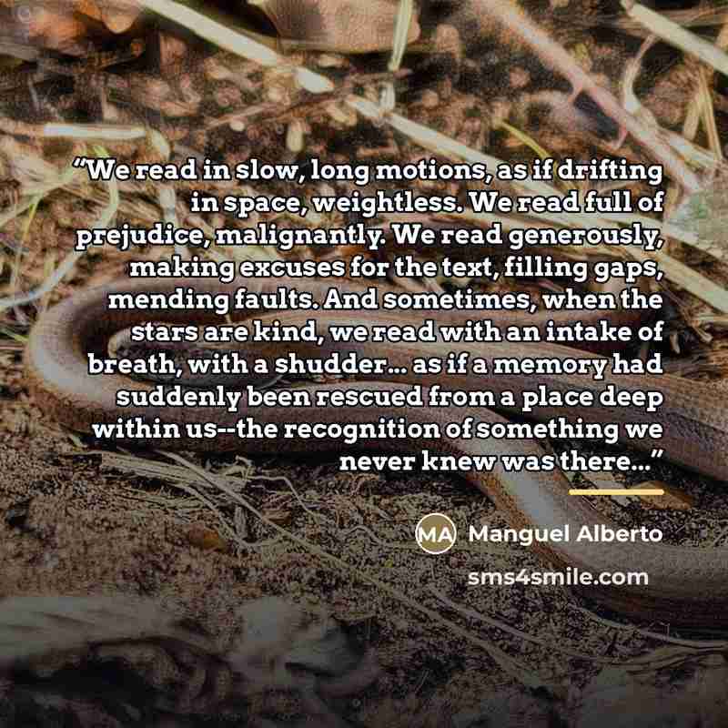 “We read in slow, long motions, as if drifting in space, weightless. We read full of prejudice, malignantly. We read generously, making excuses for the text, filling gaps, mending faults. And sometimes, when the stars are kind, we read with an intake of breath, with a shudder... as if a memory had…” quote by Manguel Alberto