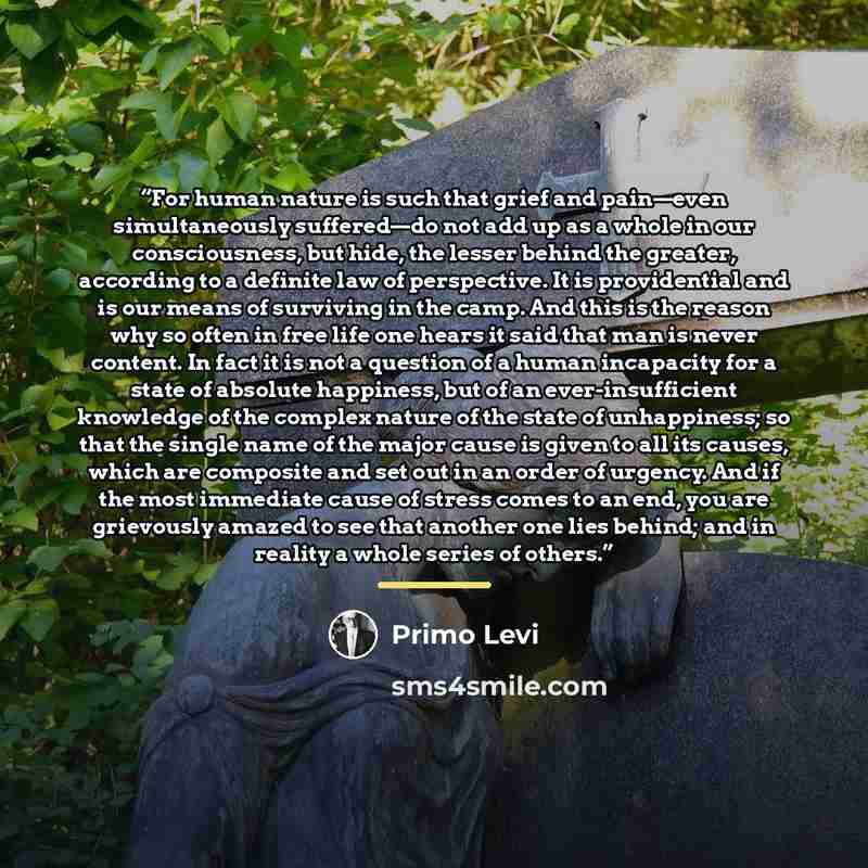 “For human nature is such that grief and pain—even simultaneously suffered—do not add up as a whole in our consciousness, but hide, the lesser behind the greater, according to a definite law of perspective. It is providential and is our means of surviving in the camp. And this is the reason why so…” quote by Primo Levi