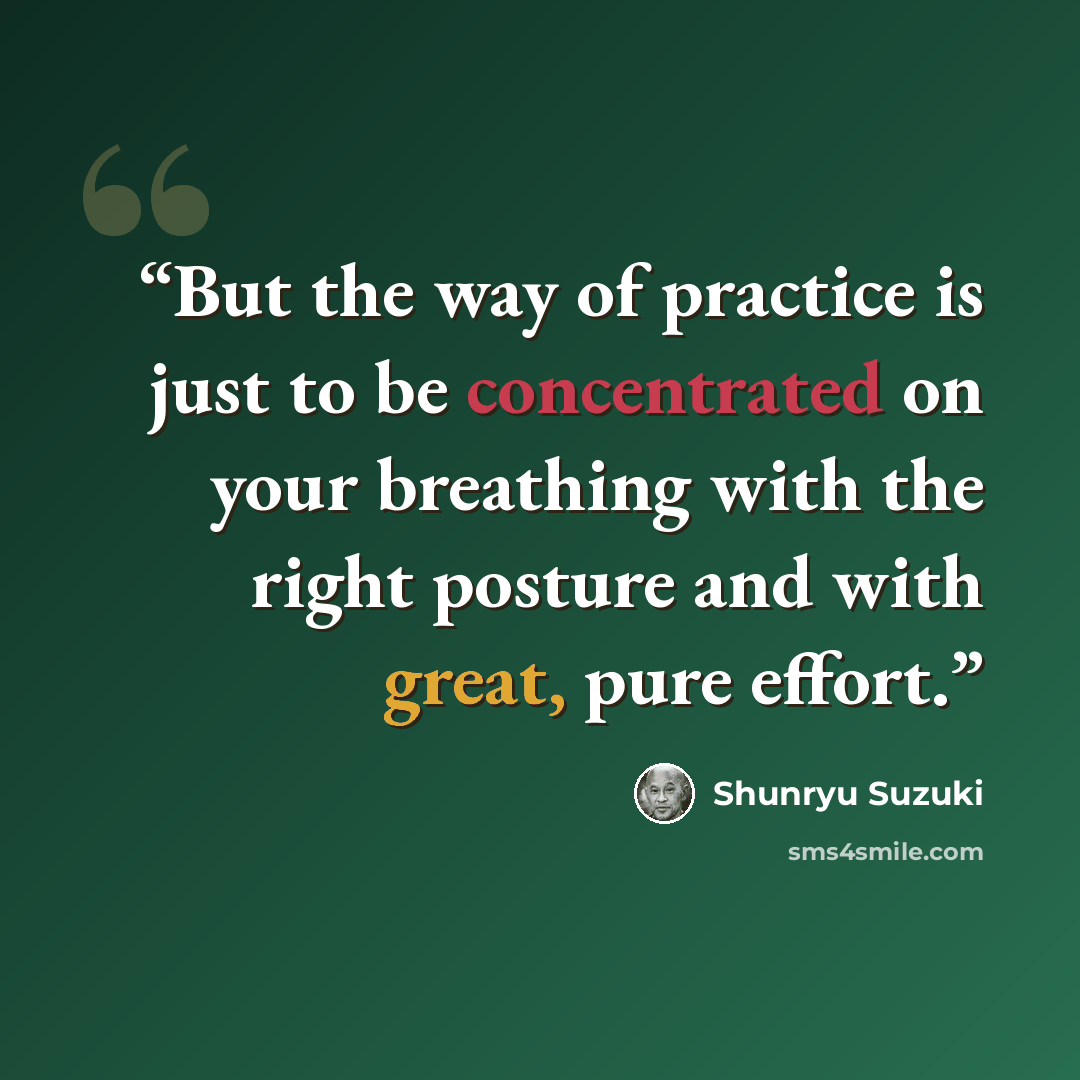 “But the way of practice is just to be concentrated on your breathing with the right posture and with great, pure effort.” quote by Shunryu Suzuki