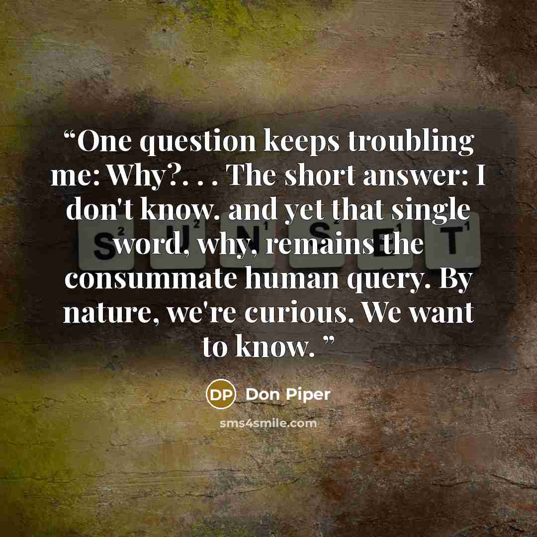 “One question keeps troubling me: Why?. . . The short answer: I don't know. and yet that single word, why, remains the consummate human query. By nature, we're curious. We want to know.” quote by Don Piper