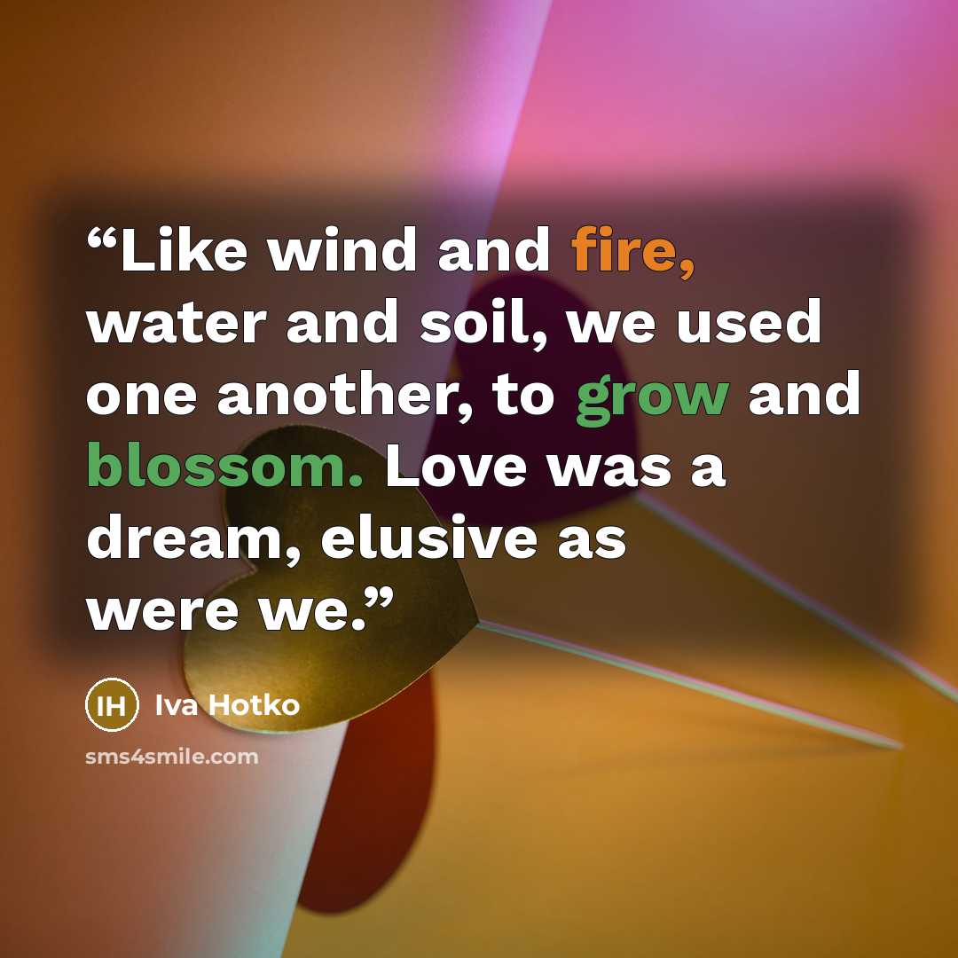 “Like wind and fire, water and soil, we used one another, to grow and blossom. Love was a dream, elusive as were we.” quote by Iva Hotko