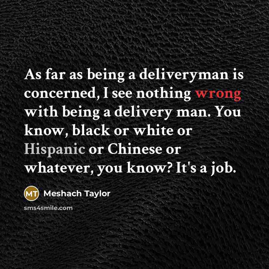 “As far as being a deliveryman is concerned, I see nothing wrong with being a delivery man. You know, black or white or Hispanic or Chinese or whatever, you know? It's a job.” quote by Meshach Taylor