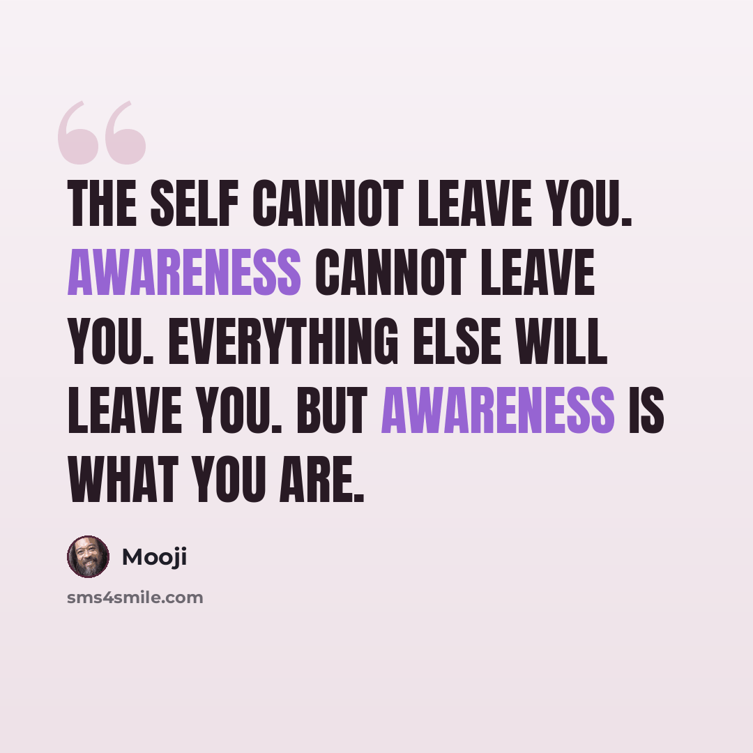 “The Self cannot leave You. Awareness cannot leave You. Everything else will leave You. But Awareness is what You Are.” quote by Mooji