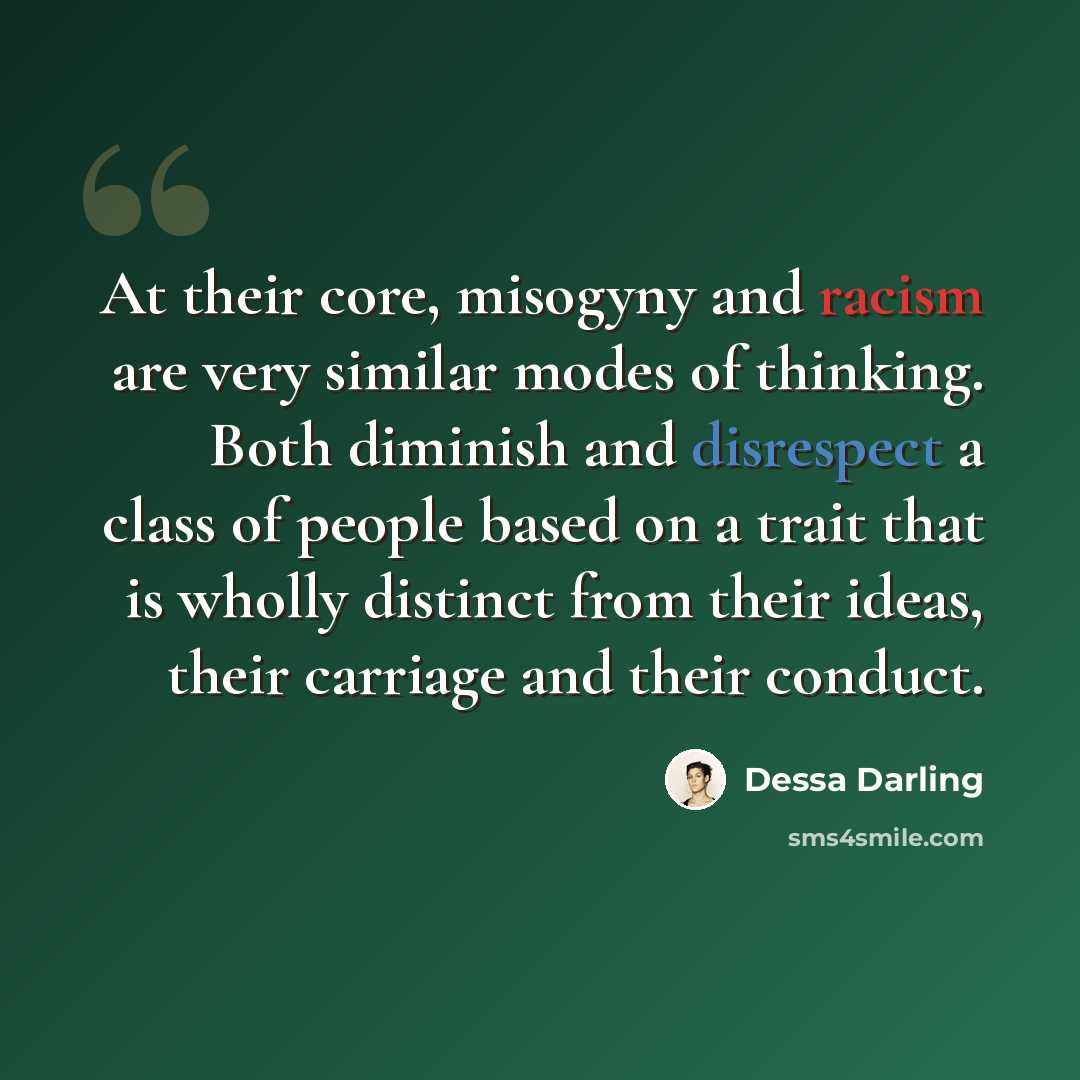 “At their core, misogyny and racism are very similar modes of thinking. Both diminish and disrespect a class of people based on a trait that is wholly distinct from their ideas, their carriage and their conduct.” quote by Dessa Darling