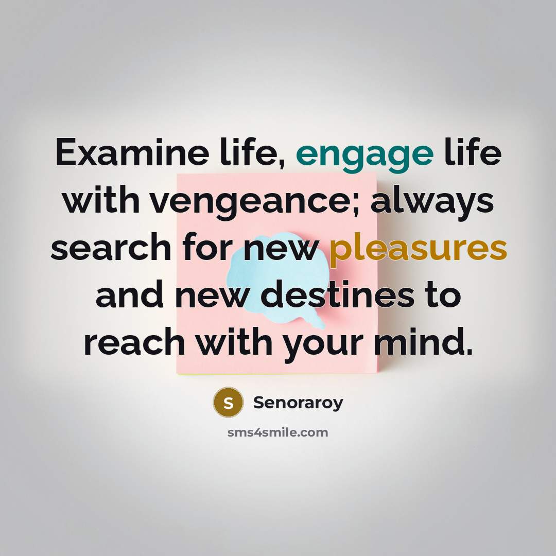 “Examine life, engage life with vengeance; always search for new pleasures and new destines to reach with your mind.” quote by Senoraroy