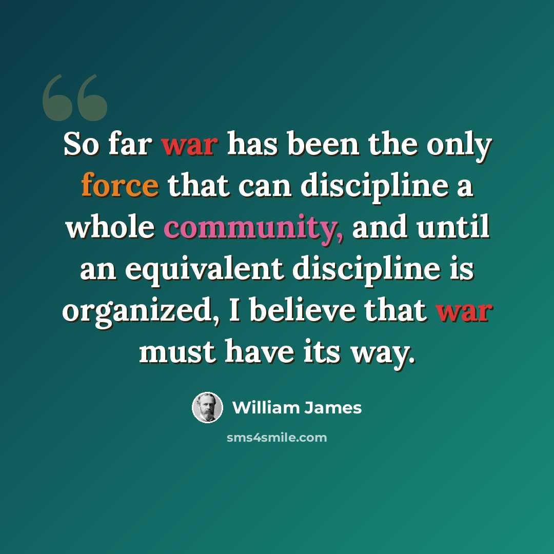 “So far war has been the only force that can discipline a whole community, and until an equivalent discipline is organized, I believe that war must have its way.” quote by William James