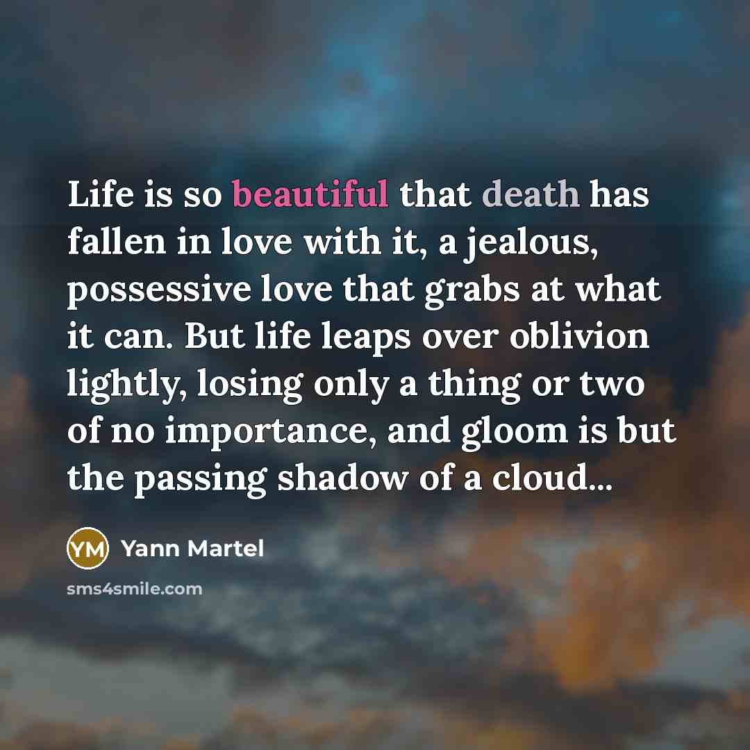 “Life is so beautiful that death has fallen in love with it, a jealous, possessive love that grabs at what it can. But life leaps over oblivion lightly, losing only a thing or two of no importance, and gloom is but the passing shadow of a cloud...” quote by Yann Martel
