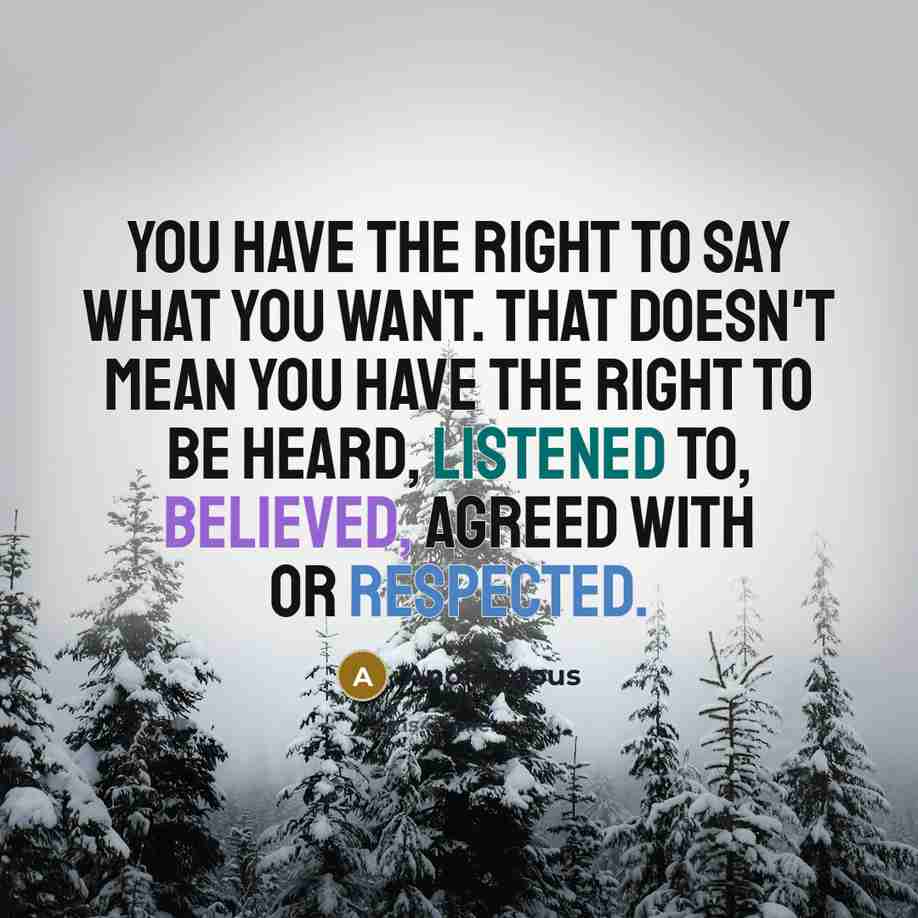 “You have the right to say what you want. That doesn't mean you have the right to be heard, listened to, believed, agreed with or respected.” quote by Anonymous
