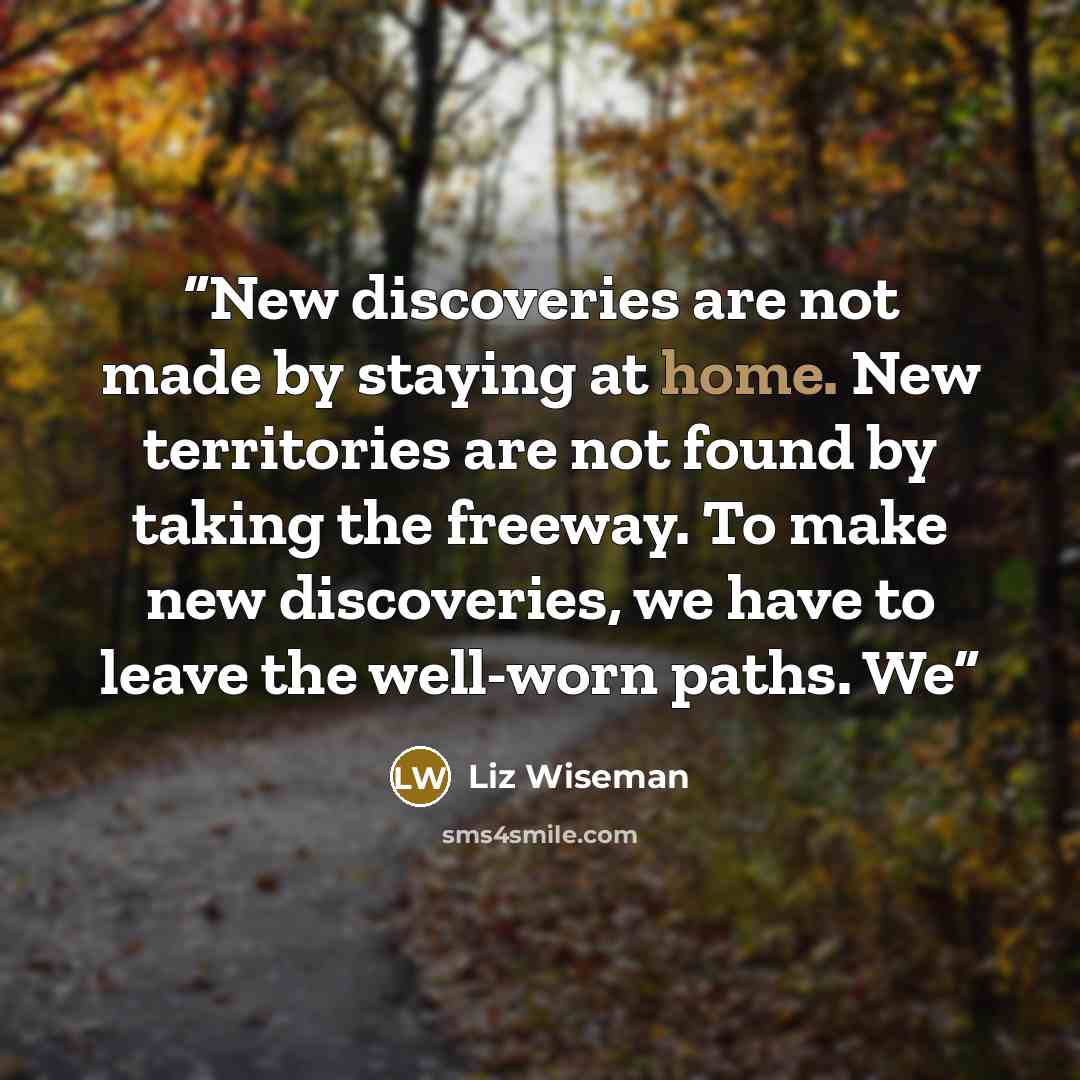 “New discoveries are not made by staying at home. New territories are not found by taking the freeway. To make new discoveries, we have to leave the well-worn paths. We” quote by Liz Wiseman