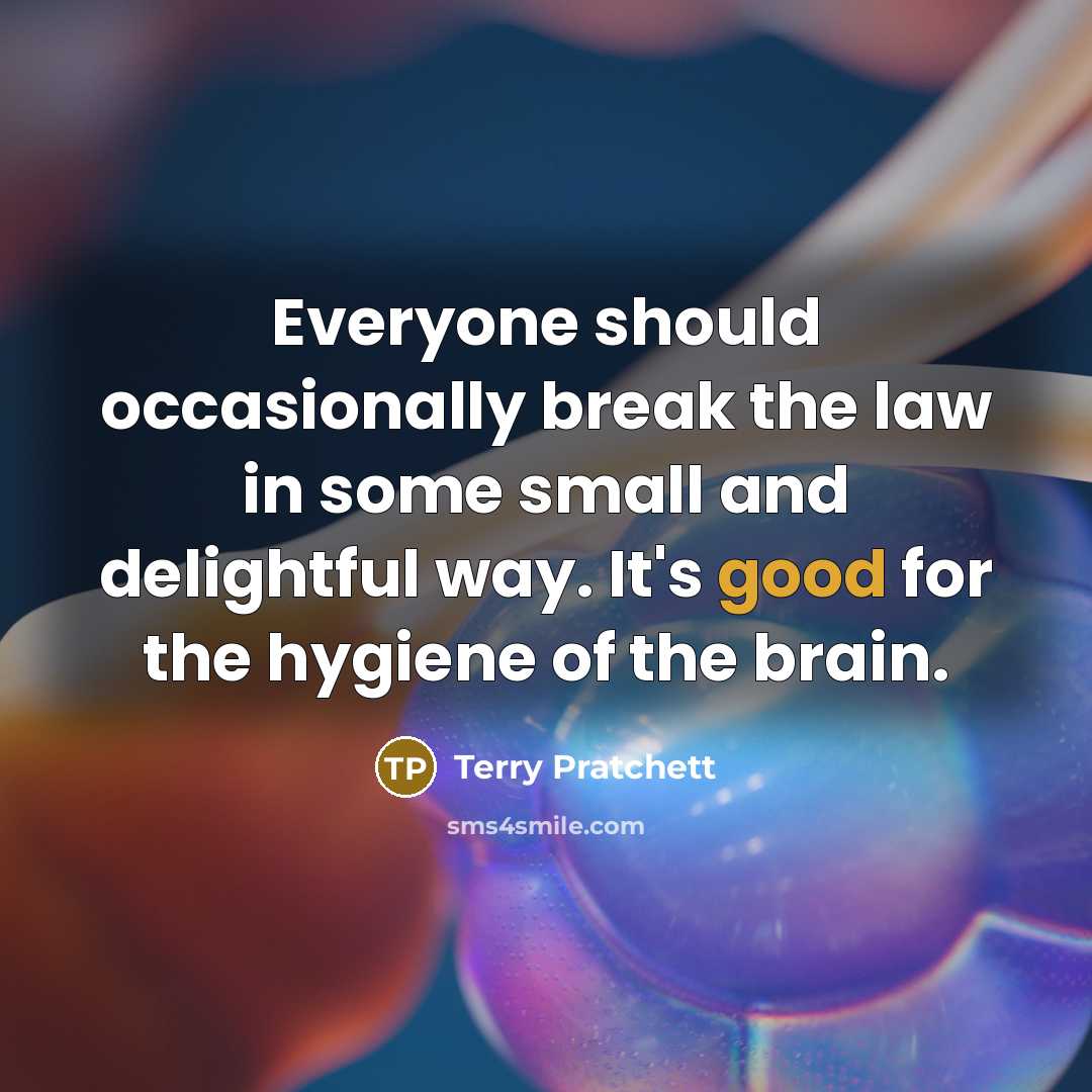 “Everyone should occasionally break the law in some small and delightful way. It's good for the hygiene of the brain.” quote by Terry Pratchett