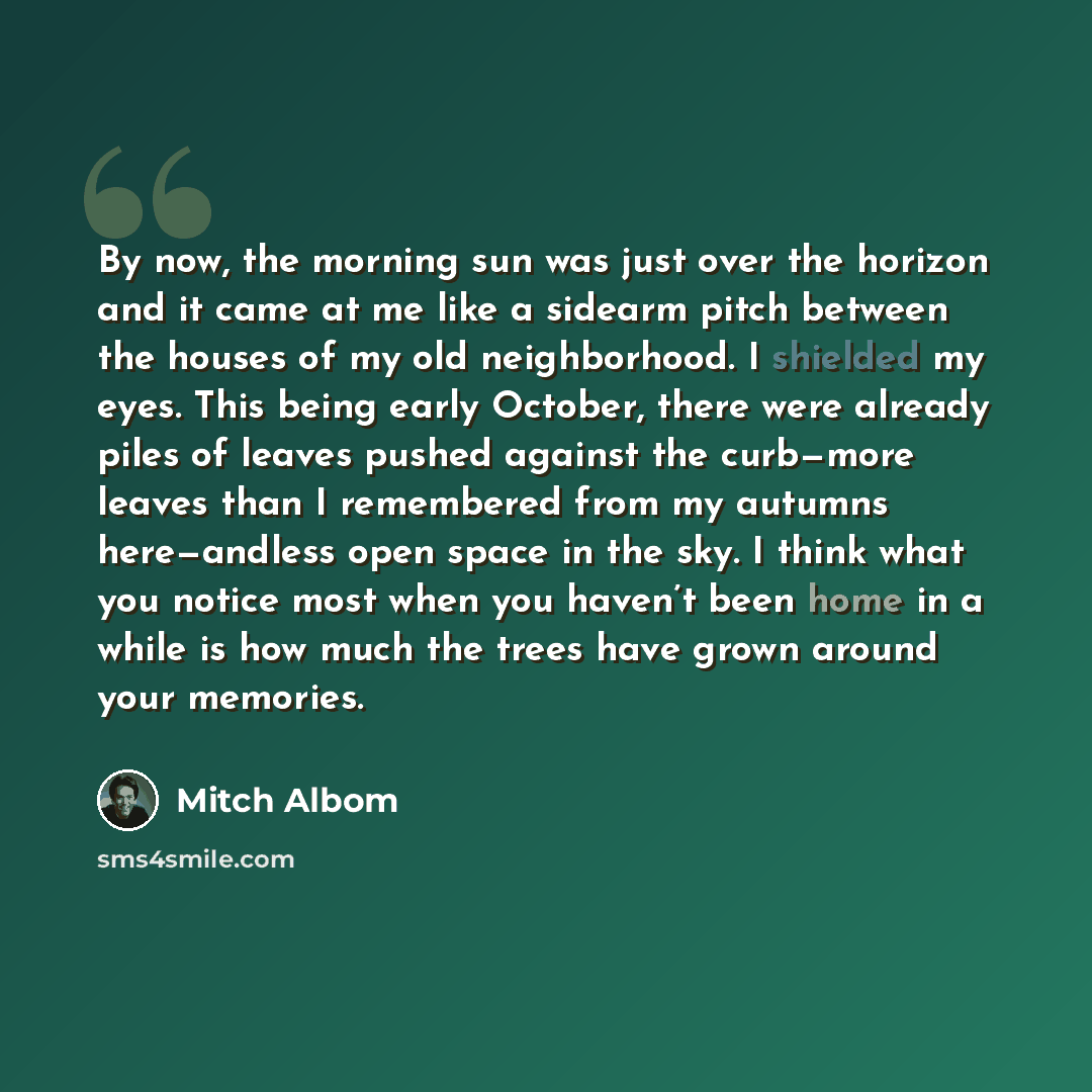 “By now, the morning sun was just over the horizon and it came at me like a sidearm pitch between the houses of my old neighborhood. I shielded my eyes. This being early October, there were already piles of leaves pushed against the curb—more leaves than I remembered from my autumns here—andless…” quote by Mitch Albom