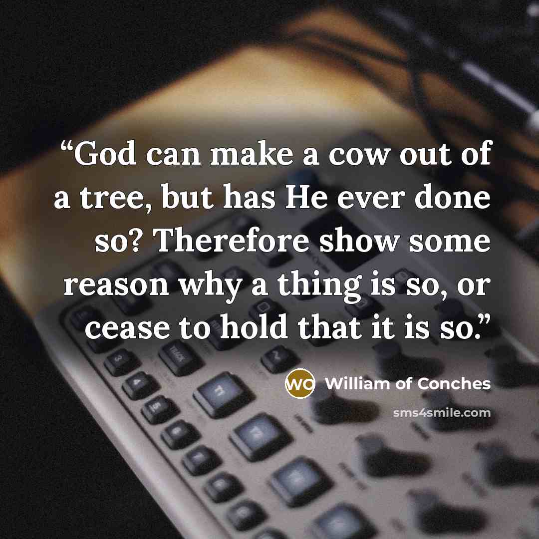 “God can make a cow out of a tree, but has He ever done so? Therefore show some reason why a thing is so, or cease to hold that it is so.” quote by William of Conches