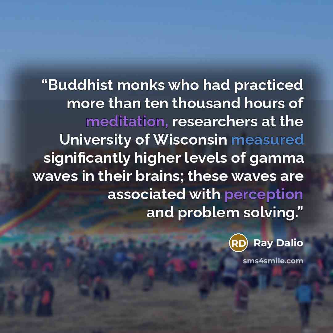 “Buddhist monks who had practiced more than ten thousand hours of meditation, researchers at the University of Wisconsin measured significantly higher levels of gamma waves in their brains; these waves are associated with perception and problem solving.” quote by Ray Dalio