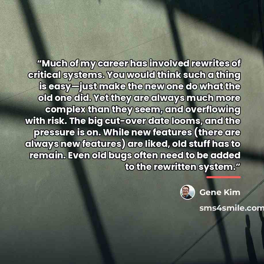 “Much of my career has involved rewrites of critical systems. You would think such a thing is easy—just make the new one do what the old one did. Yet they are always much more complex than they seem, and overflowing with risk. The big cut-over date looms, and the pressure is on. While new features…” quote by Gene Kim