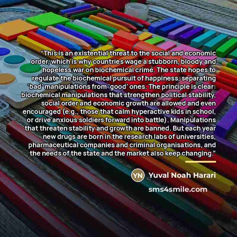 “This is an existential threat to the social and economic order, which is why countries wage a stubborn, bloody and hopeless war on biochemical crime. The state hopes to regulate the biochemical pursuit of happiness, separating ‘bad’ manipulations from ‘good’ ones. The principle is clear…” quote by Yuval Noah Harari