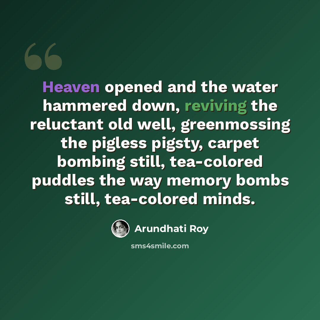 “Heaven opened and the water hammered down, reviving the reluctant old well, greenmossing the pigless pigsty, carpet bombing still, tea-colored puddles the way memory bombs still, tea-colored minds.” quote by Arundhati Roy