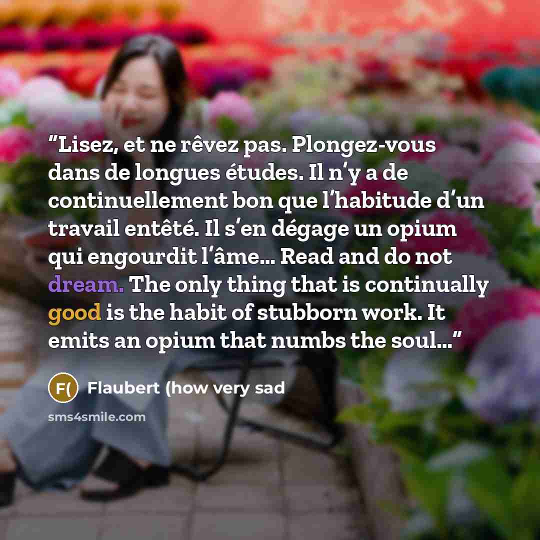 “Lisez, et ne rêvez pas. Plongez-vous dans de longues études. Il n’y a de continuellement bon que l’habitude d’un travail entêté. Il s’en dégage un opium qui engourdit l’âme… Read and do not dream. The only thing that is continually good is the habit of stubborn work. It emits an opium that numbs…” quote by Flaubert (how very sad