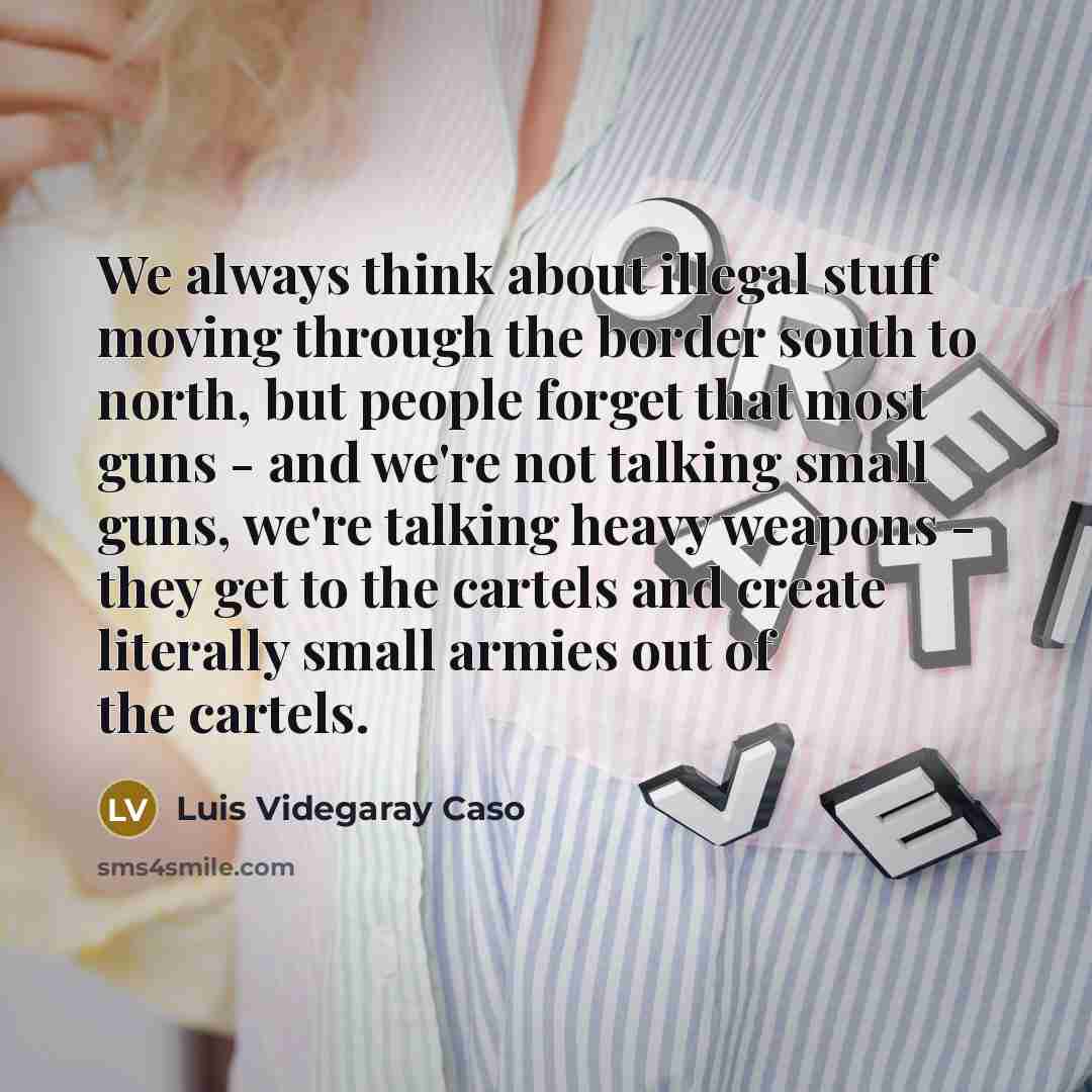 “We always think about illegal stuff moving through the border south to north, but people forget that most guns - and we're not talking small guns, we're talking heavy weapons - they get to the cartels and create literally small armies out of the cartels.” quote by Luis Videgaray Caso