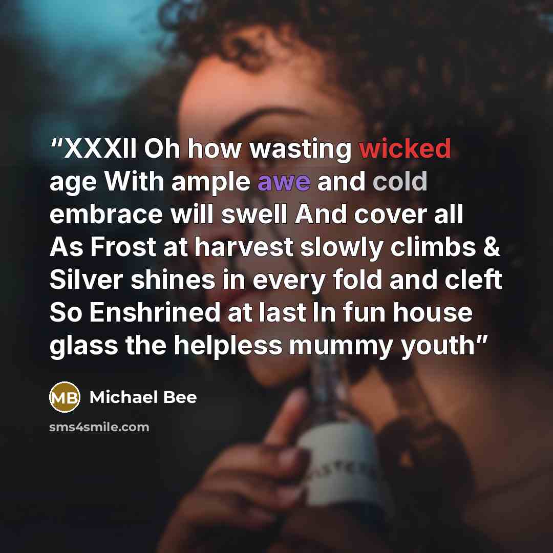 “XXXII Oh how wasting wicked age With ample awe and cold embrace will swell And cover all As Frost at harvest slowly climbs & Silver shines in every fold and cleft So Enshrined at last In fun house glass the helpless mummy youth” quote by Michael Bee