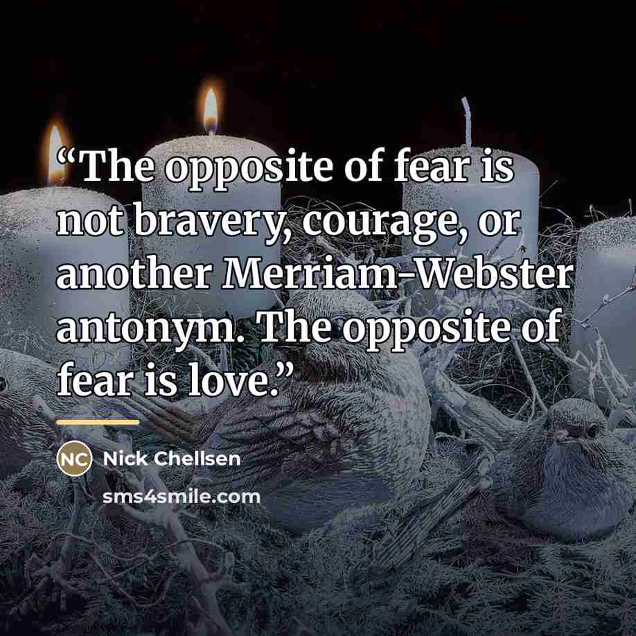“The opposite of fear is not bravery, courage, or another Merriam-Webster antonym. The opposite of fear is love.” quote by Nick Chellsen