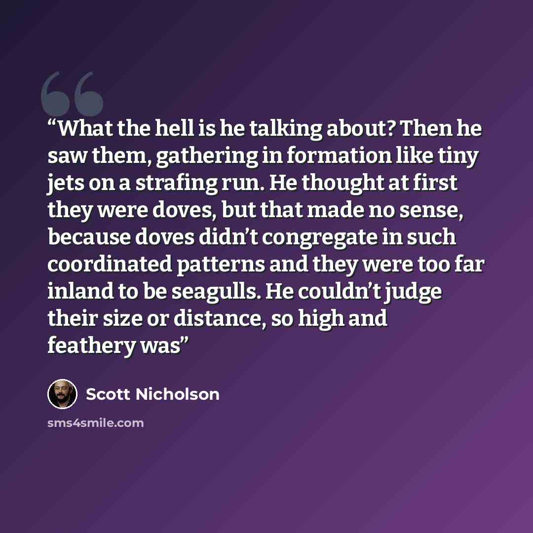“What the hell is he talking about? Then he saw them, gathering in formation like tiny jets on a strafing run. He thought at first they were doves, but that made no sense, because doves didn’t congregate in such coordinated patterns and they were too far inland to be seagulls. He couldn’t judge…” quote by Scott Nicholson