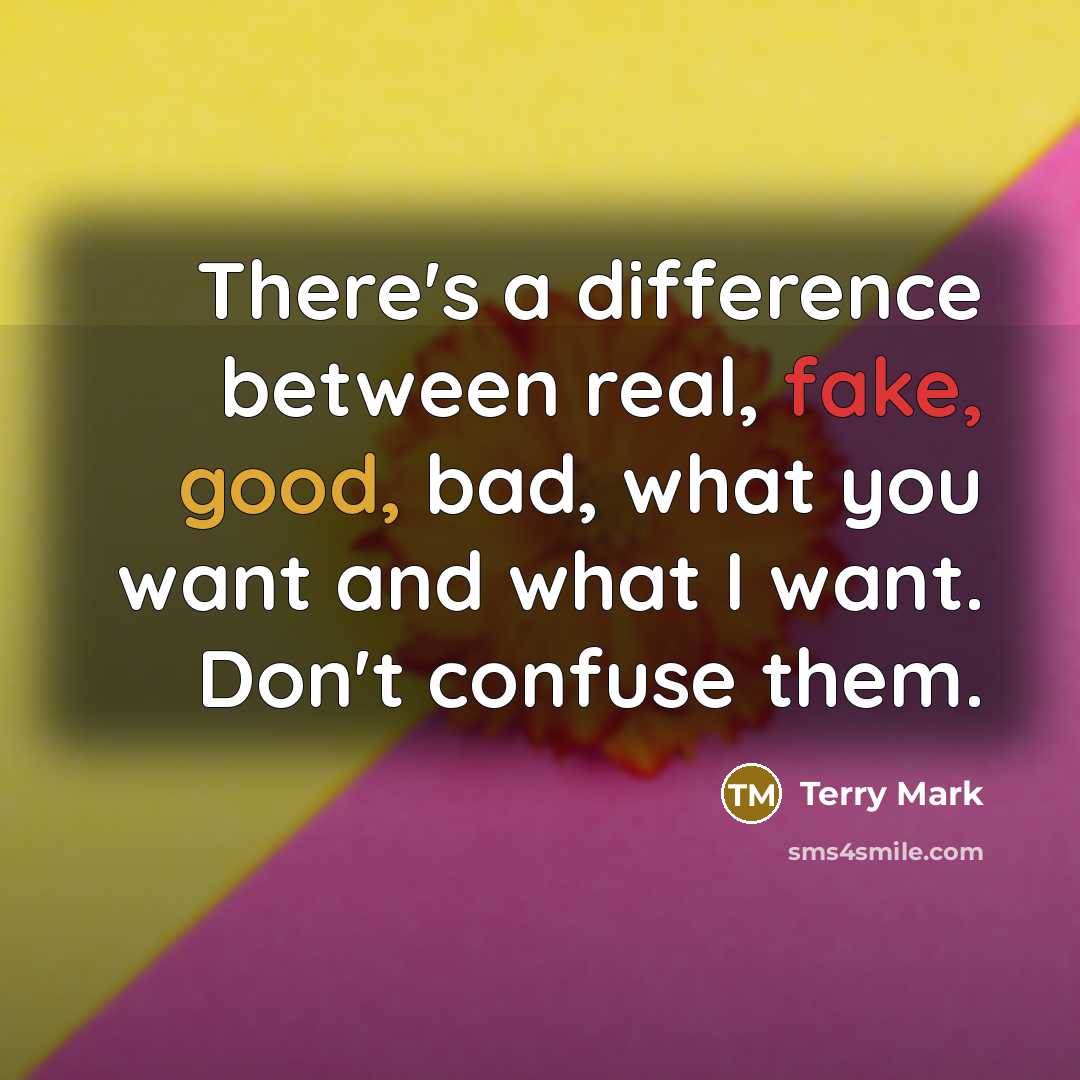 “There's a difference between real, fake, good, bad, what you want and what I want. Don't confuse them.” quote by Terry Mark