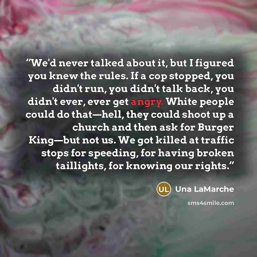 “We'd never talked about it, but I figured you knew the rules. If a cop stopped, you didn't run, you didn't talk back, you didn't ever, ever get angry. White people could do that—hell, they could shoot up a church and then ask for Burger King—but not us. We got killed at traffic stops for speeding…” quote by Una LaMarche