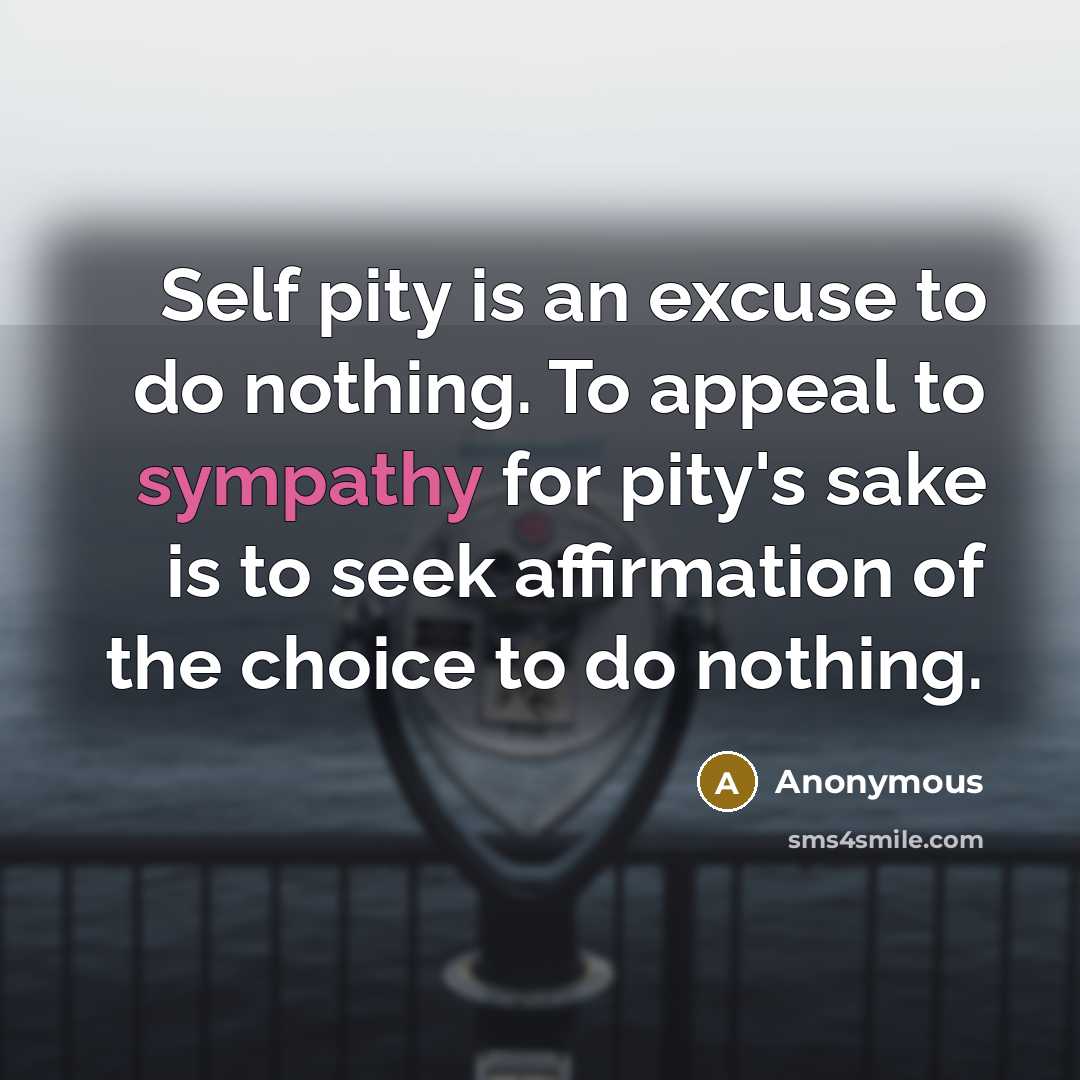 “Self pity is an excuse to do nothing. To appeal to sympathy for pity's sake is to seek affirmation of the choice to do nothing.” quote by Anonymous