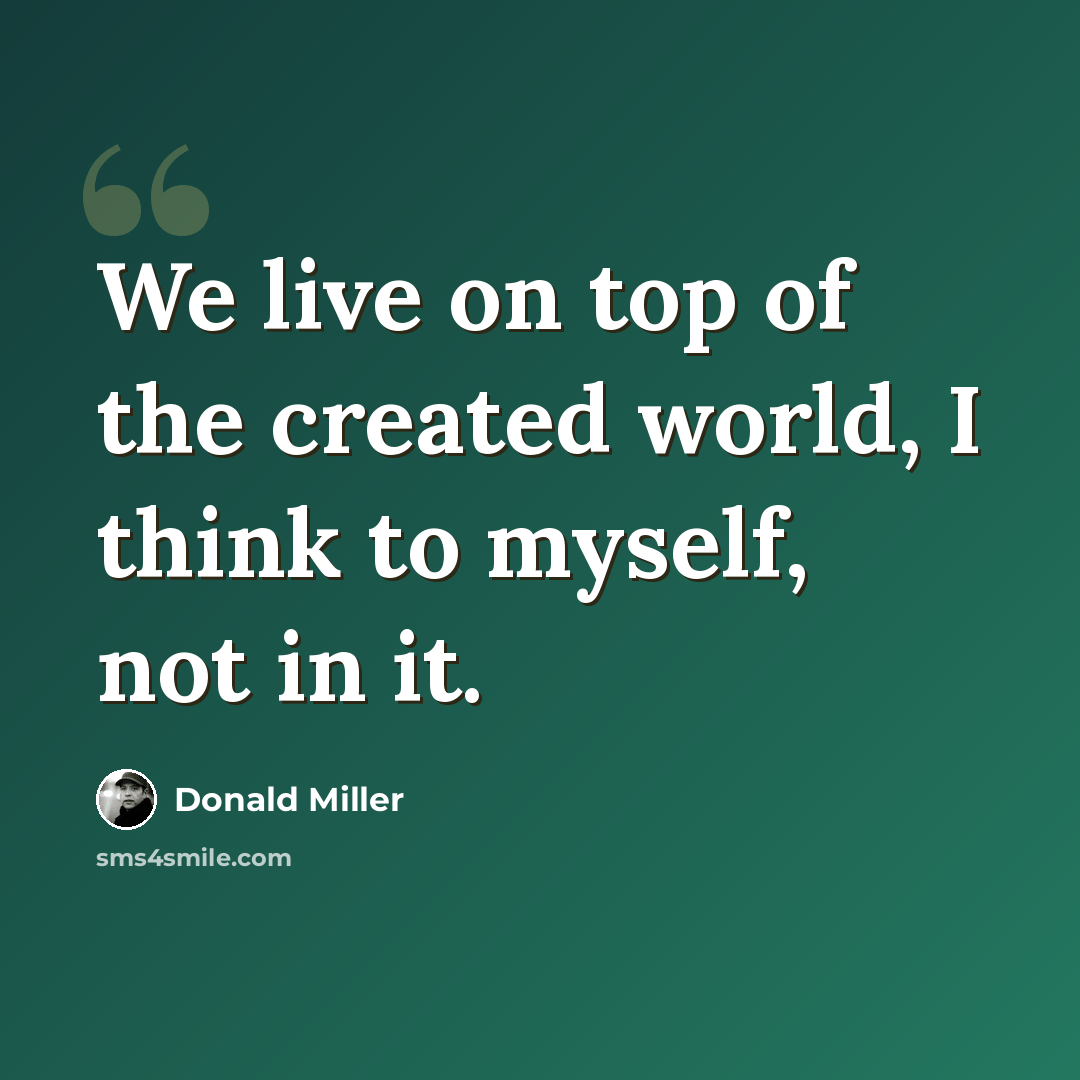 “We live on top of the created world, I think to myself, not in it.” quote by Donald Miller