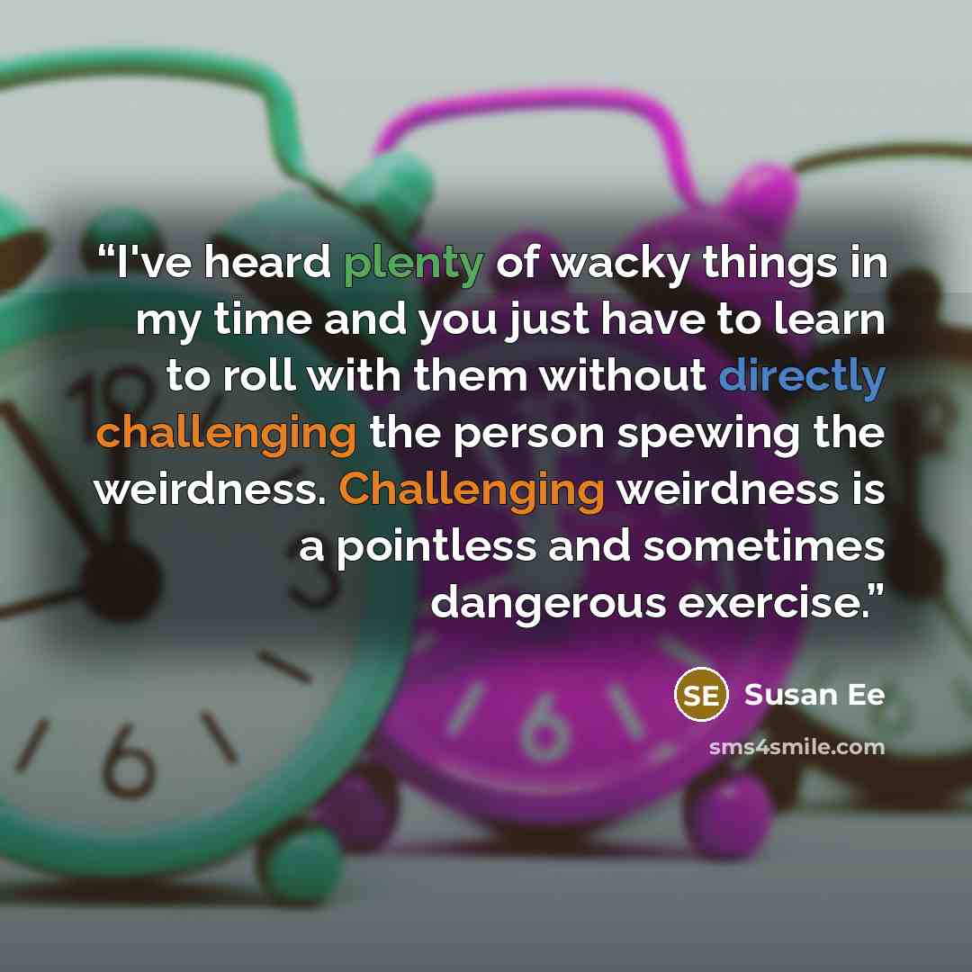 “I've heard plenty of wacky things in my time and you just have to learn to roll with them without directly challenging the person spewing the weirdness. Challenging weirdness is a pointless and sometimes dangerous exercise.” quote by Susan Ee