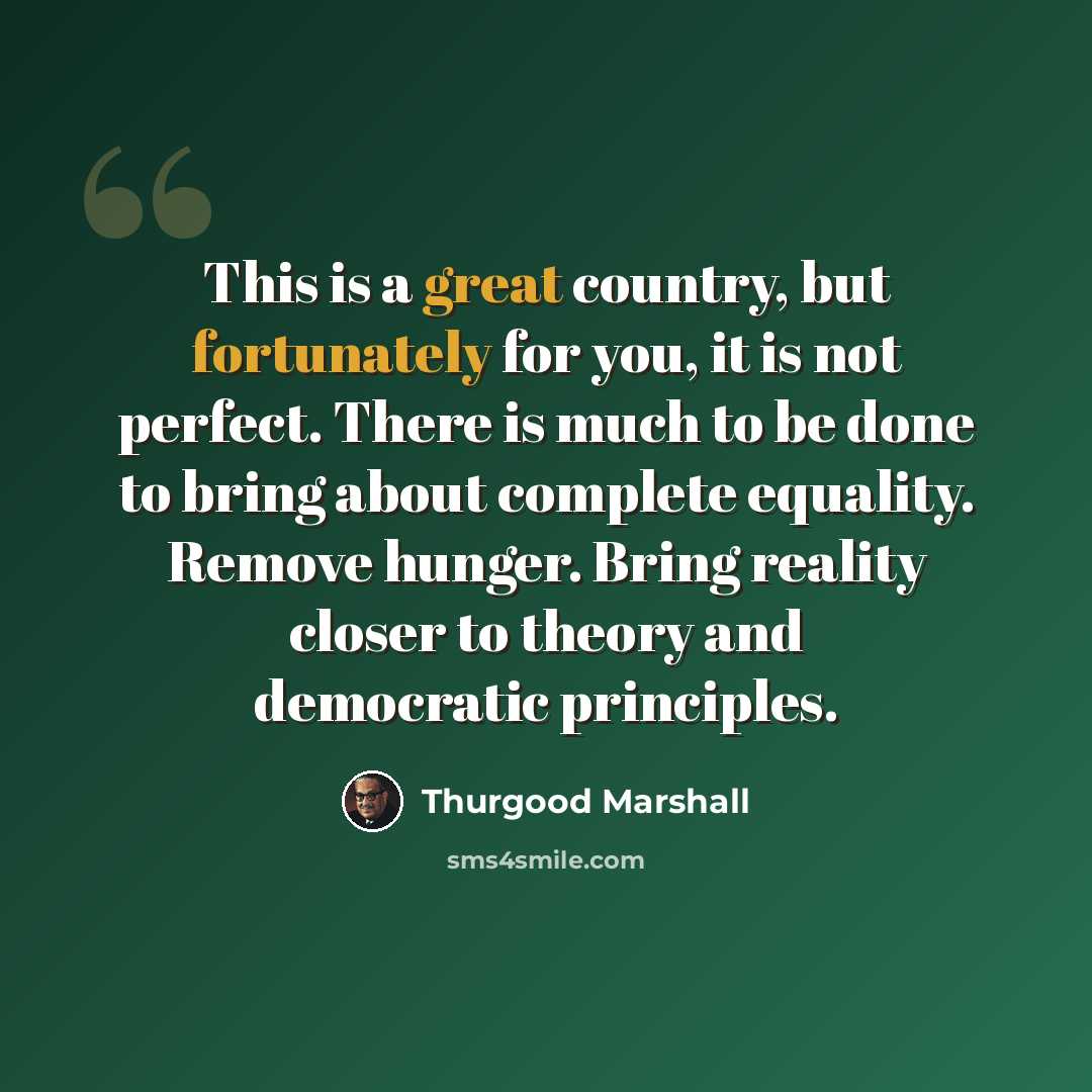 “This is a great country, but fortunately for you, it is not perfect. There is much to be done to bring about complete equality. Remove hunger. Bring reality closer to theory and democratic principles.” quote by Thurgood Marshall