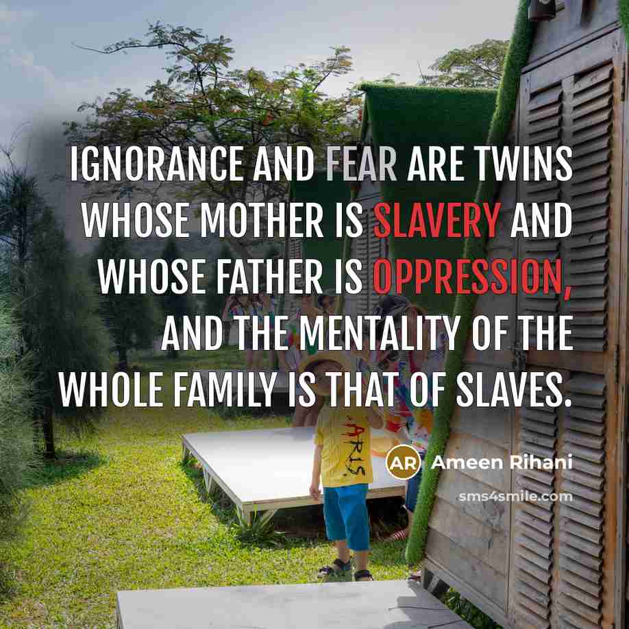 “Ignorance and fear are twins whose mother is slavery and whose father is oppression, and the mentality of the whole family is that of slaves.” quote by Ameen Rihani