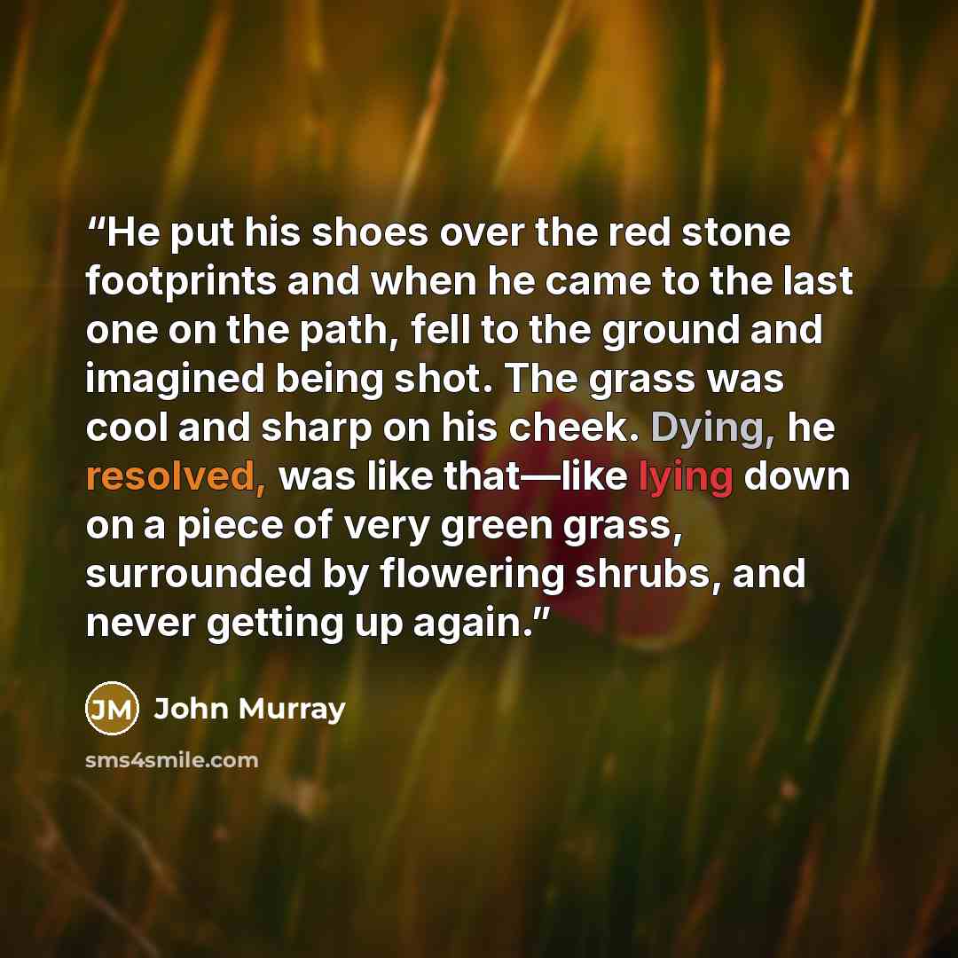 “He put his shoes over the red stone footprints and when he came to the last one on the path, fell to the ground and imagined being shot. The grass was cool and sharp on his cheek. Dying, he resolved, was like that—like lying down on a piece of very green grass, surrounded by flowering shrubs, and…” quote by John Murray
