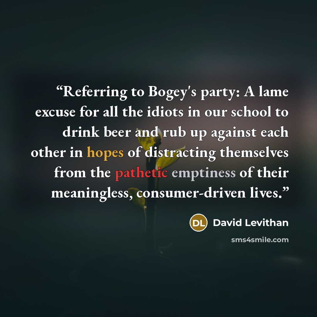 “Referring to Bogey's party: A lame excuse for all the idiots in our school to drink beer and rub up against each other in hopes of distracting themselves from the pathetic emptiness of their meaningless, consumer-driven lives.” quote by David Levithan